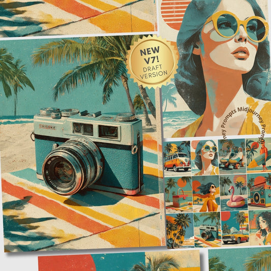 Collage of a vintage camera, palm trees, and a woman with sunglasses on a colorful background.