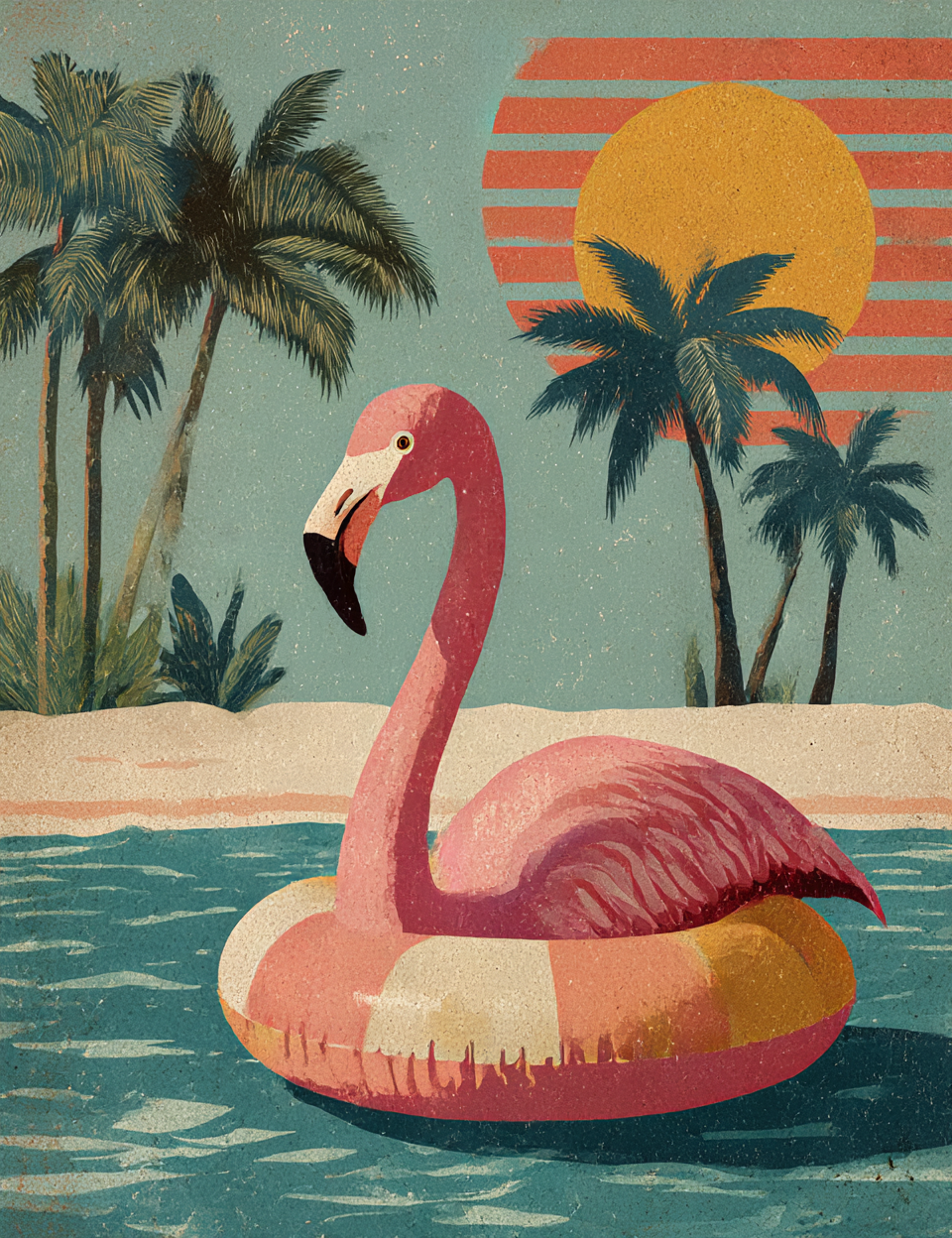 Pink flamingo pool float in a tropical setting with palm trees and a sunset.