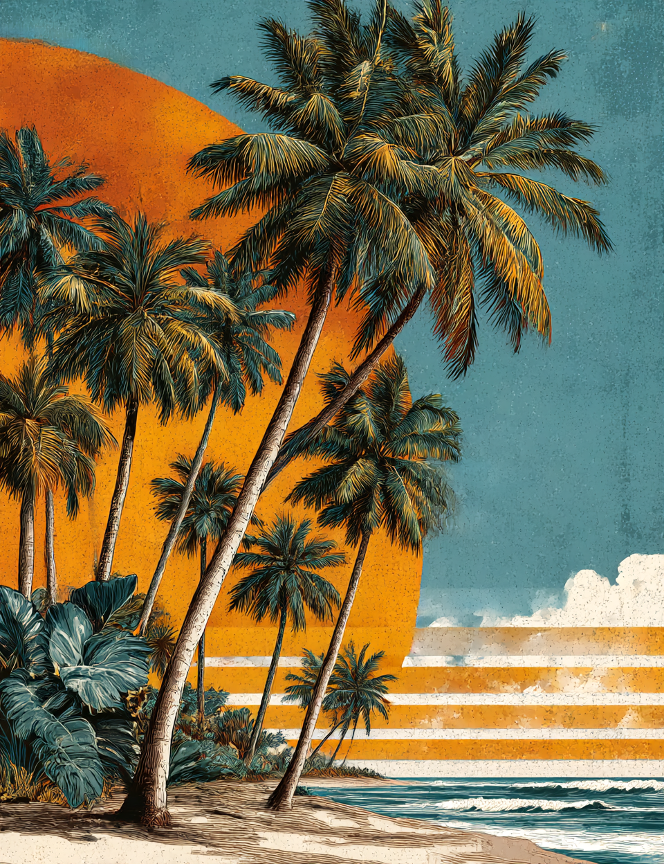 Palm trees on a beach with an orange sky and blue ocean.