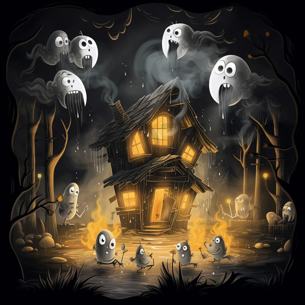 a haunted house with ghosts Cartoon Tshirt Designs Halloween Digital Clipart and Midjourney Prompt Commercial Use