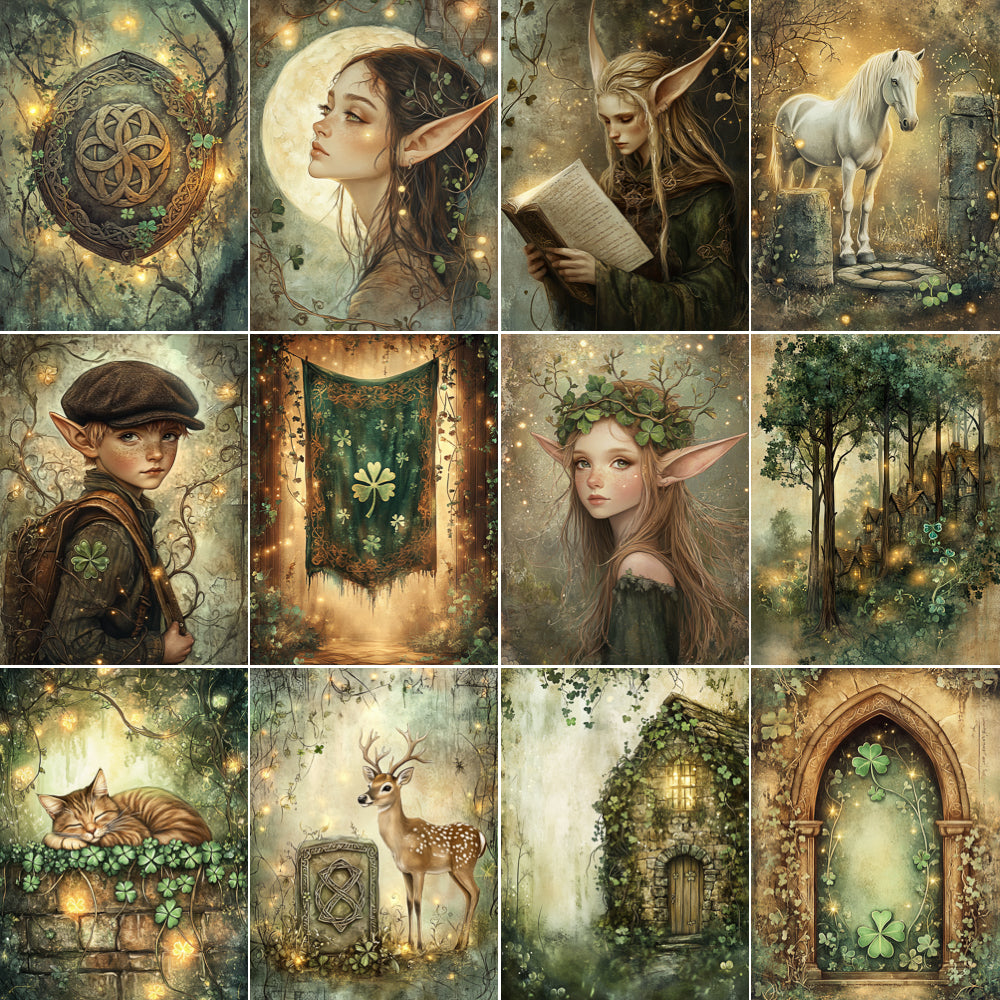Collage of fantasy-themed illustrations featuring elves, animals, and nature elements.