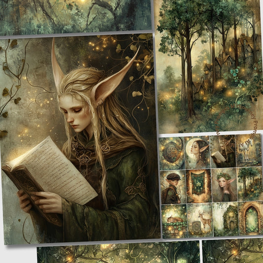 Elven character reading a book in a fantasy forest setting with additional images of elves and nature.