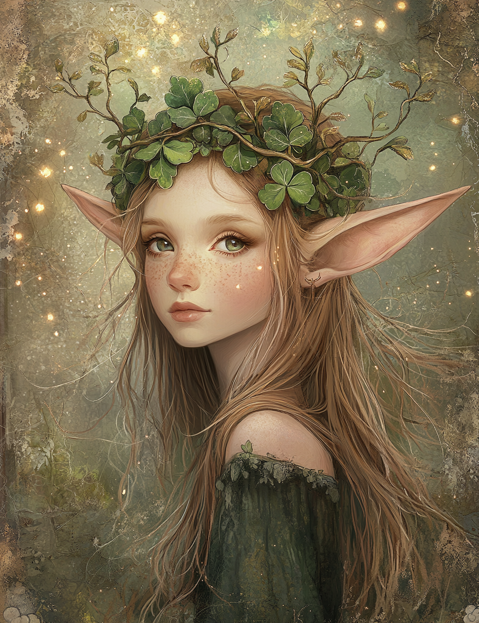 Elven girl with leafy crown and green dress in a mystical forest setting