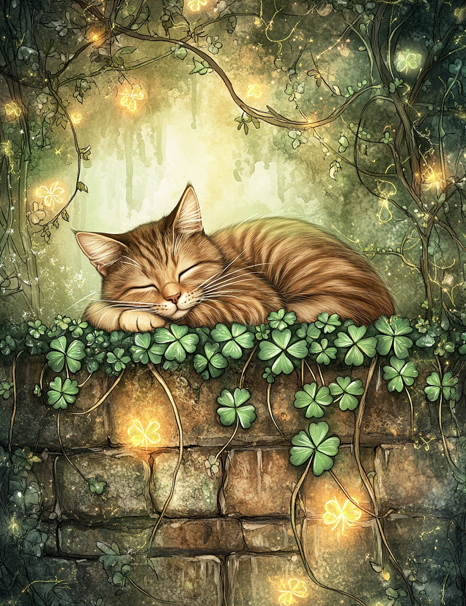 Sleeping cat on a stone wall with clovers and glowing lights in a fantasy setting