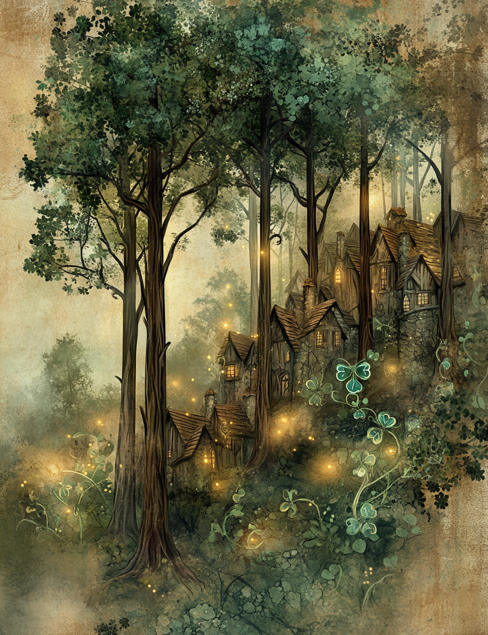 Fantasy forest scene with glowing fairy lights and small houses among the trees.