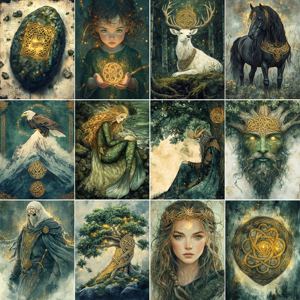 Collage of fantasy-themed illustrations featuring mystical elements and characters.