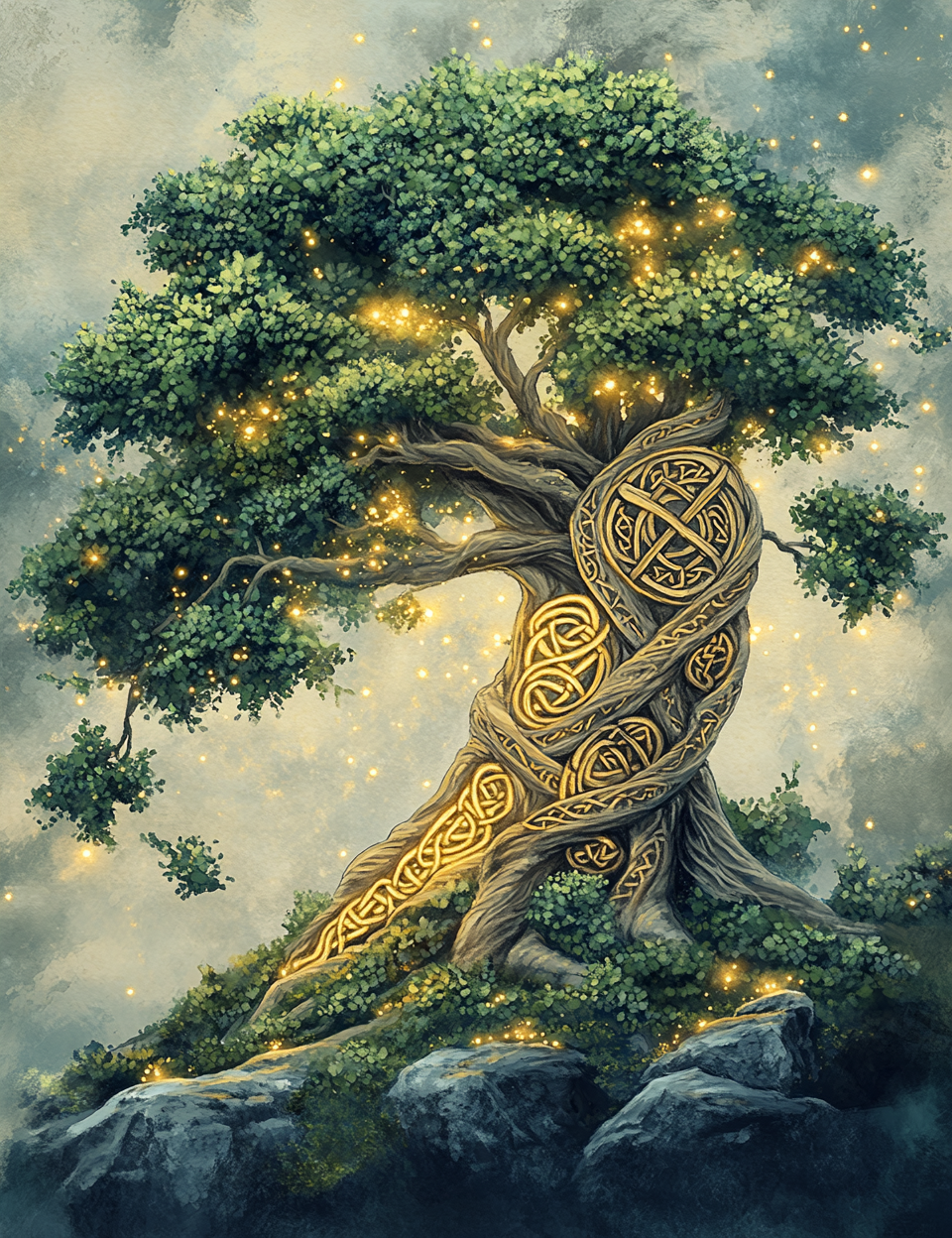 Decorative tree with intricate gold patterns and glowing lights on a misty background