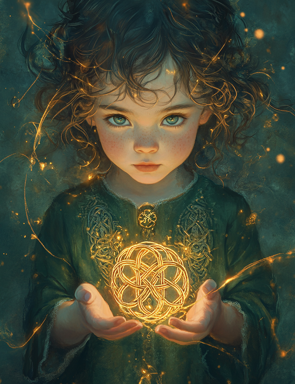 Child holding a glowing, intricate circular object with a mystical atmosphere