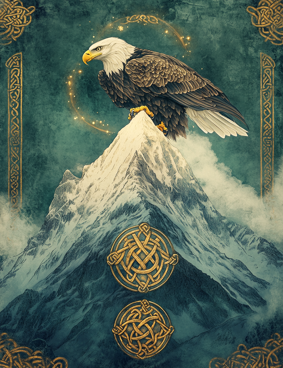 Eagle perched on a mountain peak with Celtic knot designs in the foreground