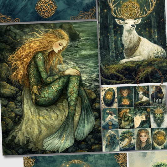 Collage of fantasy artwork featuring a woman, deer, and other mystical creatures.