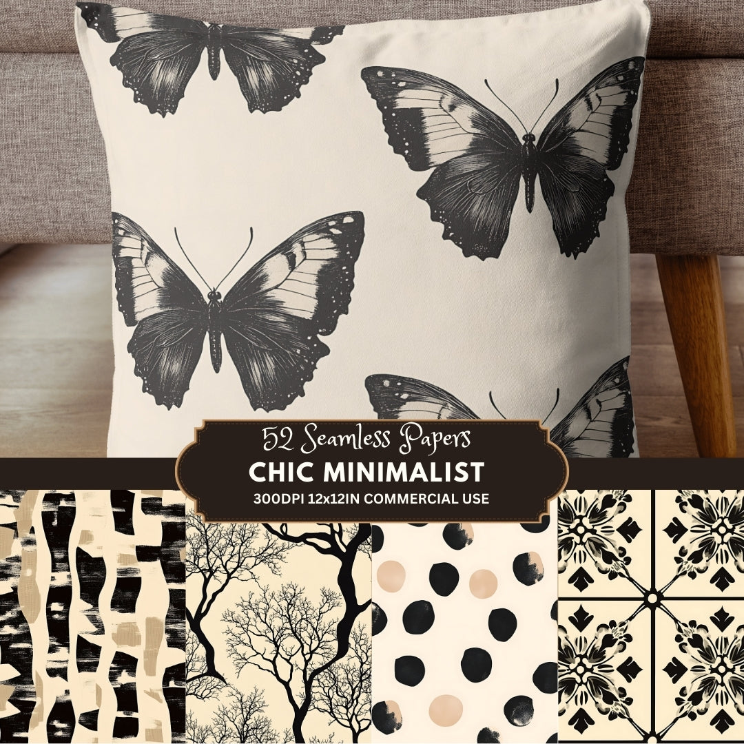 52 Chic Minimalist Digital Paper, Black and White Seamless Papers