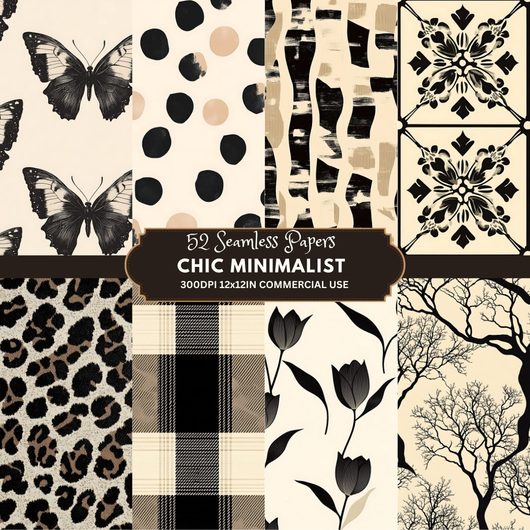 52 Chic Minimalist Digital Paper, Black and White Seamless Papers
