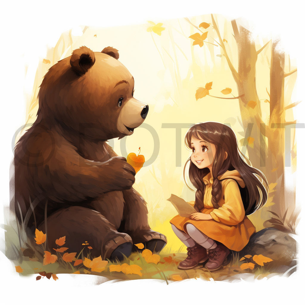 a bear with a girl in the woods Childrens Digital Art Watercolors and Midjourney Prompt Commercial Use
