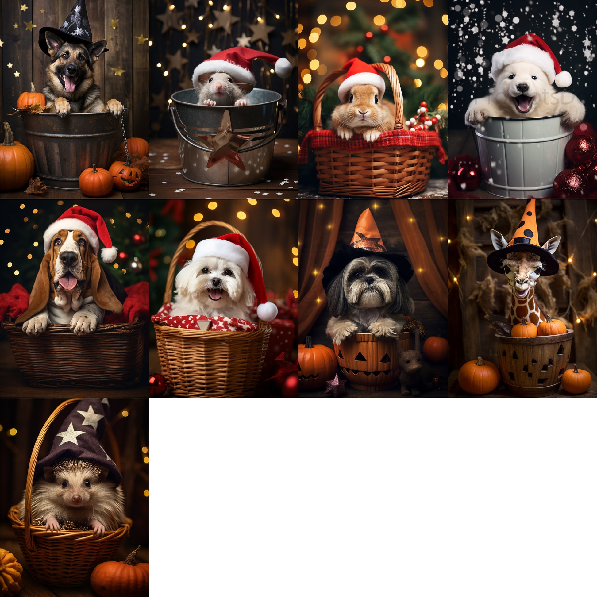 grid of nine Christmas Digital Postcards Halloween Animals