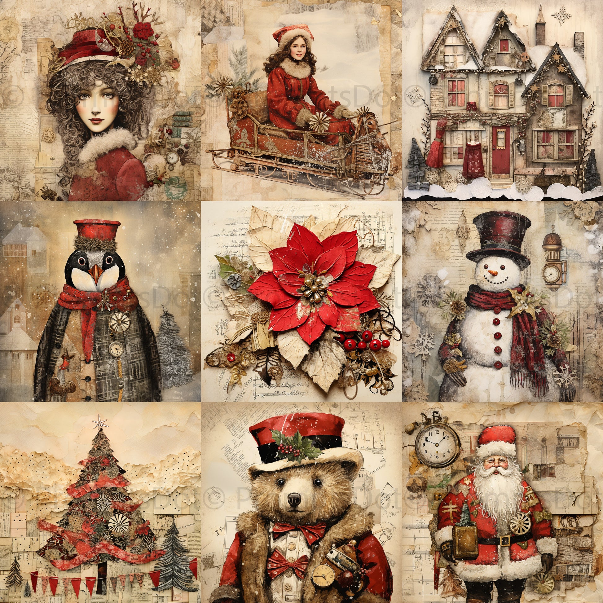 Christmas Ephemera Junk Journal Collages Midjourney Prompt Commercial Use