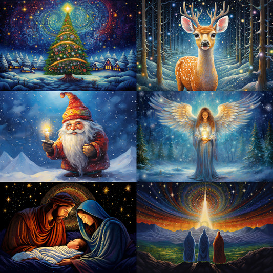 Midjourney Prompt Christmas Greeting Cards Posters Commercial Use Collection of 6 cards glowing and sparkling
