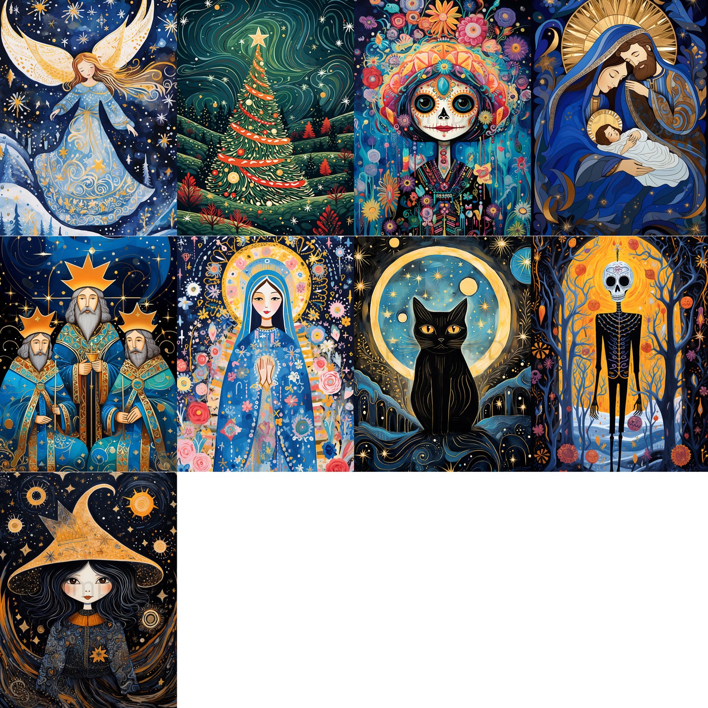 grid of nine Christmas Halloween Digital Art Postcards