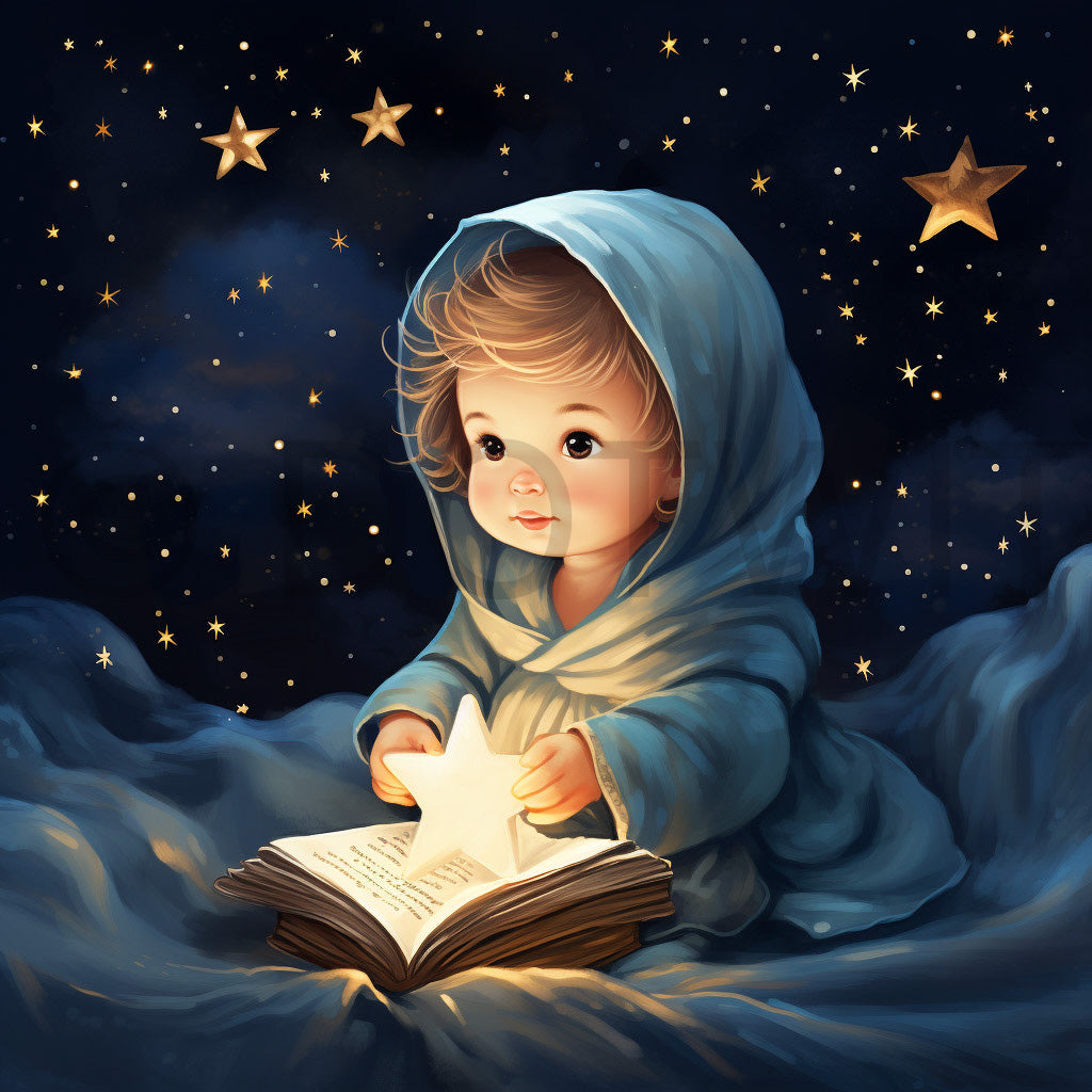 a baby jesus in the night starry night Christmas Illustrations Digital Cards and Midjourney Prompt Commercial Use