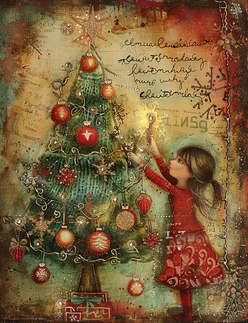 a girl holding a tree star Midjourney Prompts For Christmas Junk Journal Pages