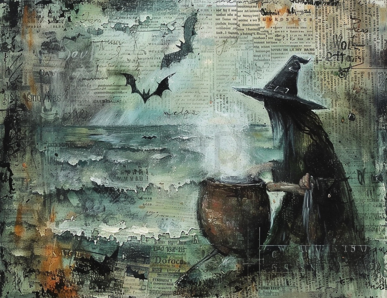 a witch cooking Midjourney Prompts For Smoky Halloween Floral Scrapbooking Pages