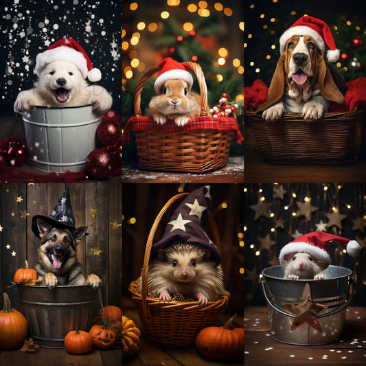 Christmas Postcards Halloween Animals Midjourney Prompt Commercial Use animals in buckets