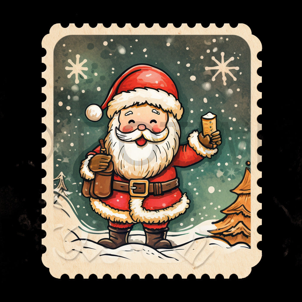 a santa stamp Christmas Stamps Ephemera Mail Digital Art and Midjourney Prompt Commercial Use