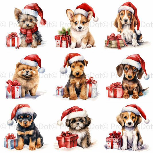 Christmas Watercolor Baby Dog Breeds Art Digital Art and Midjourney Prompt Commercial Use