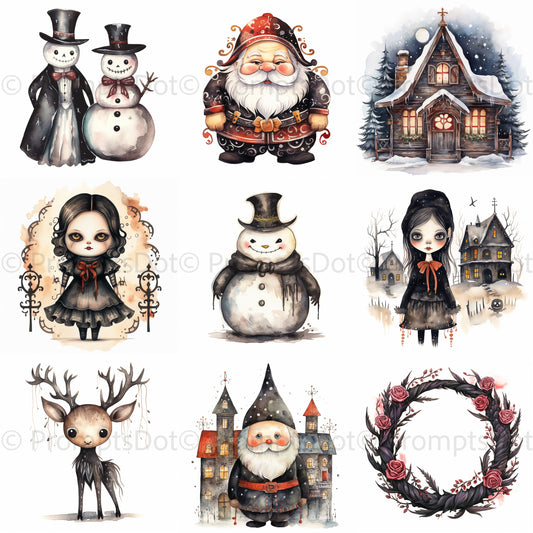 Christmas Watercolor Cute Gothic Clipart Midjourney Prompt Commercial Use