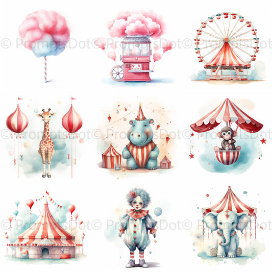 Circus Watercolor Clipart Nursery Art Midjourney Prompt Commercial Use
