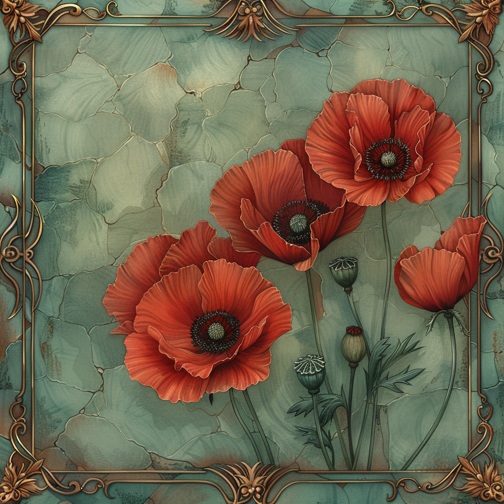 collection of poppies in green emerald