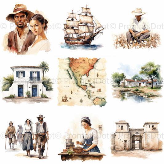 Midjourney Prompt For Clipart Colonial Watercolors