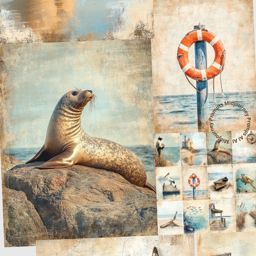 Midjourney Guide Prompts for Vintage Coastal Ephemera Papers