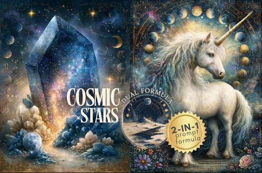 Collage of astrological-themed products with a unicorn, crystals, and celestial elements.