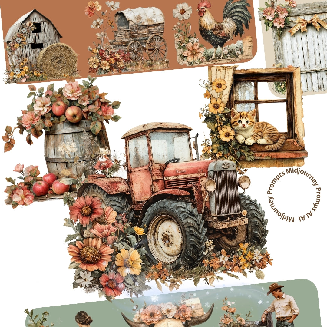 Midjourney Guide Prompts for Rustic Country Theme Ephemera Clipart