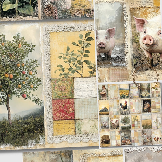 Collage of farm-themed images including pigs, chickens, and an apple tree.
