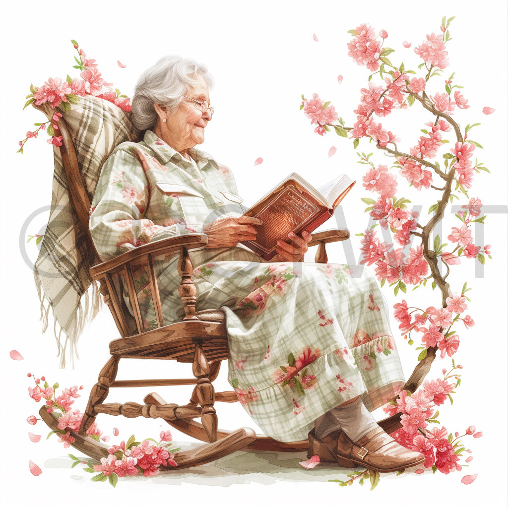 grandma reading a book cottage watercolor books clipart