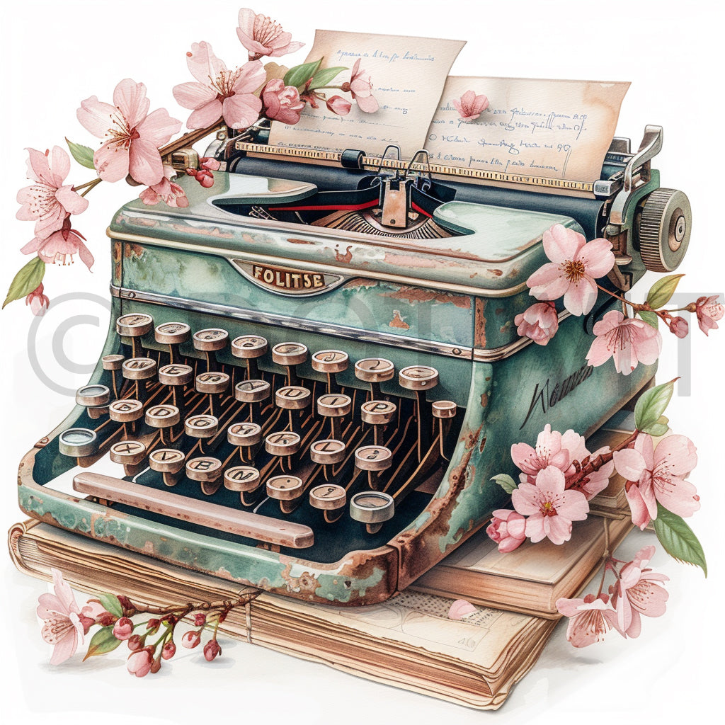 typewriter books cottage watercolor clipart