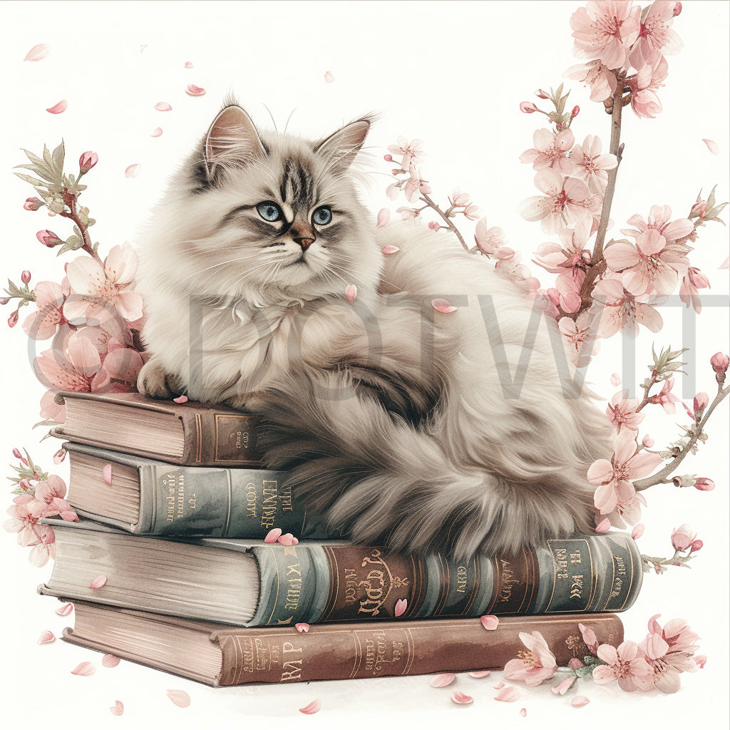 books with cat cottage watercolor clipart