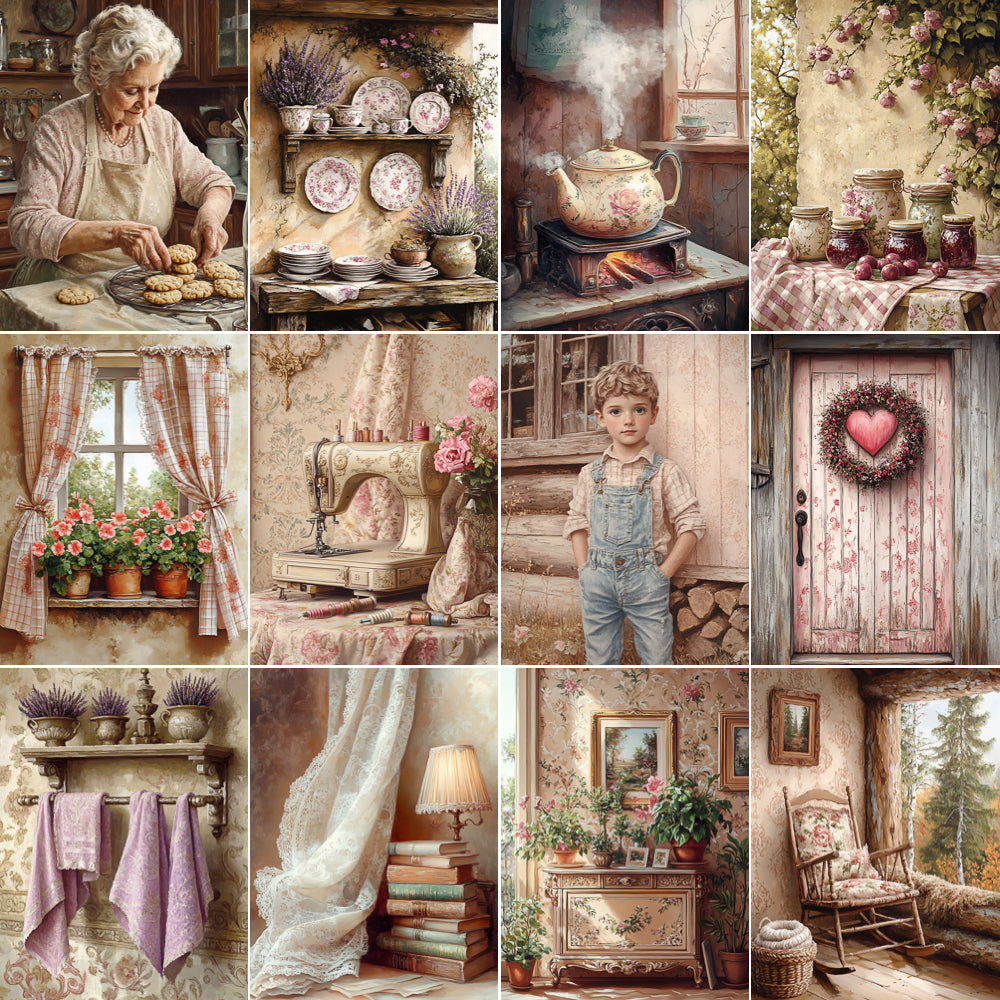 Collage of vintage-style images including a woman baking, a teapot, a child in overalls, and interior scenes.