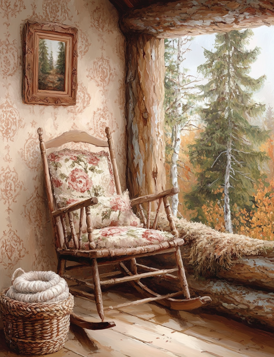 Rustic interior with a rocking chair, woven basket, and scenic window view.