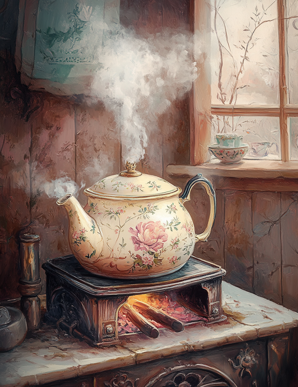 Decorative teapot with floral patterns on a stove, emitting steam in a warm, cozy room.