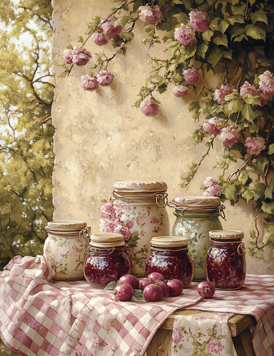 Jars of jam on a table with a checkered tablecloth and floral wall in the background