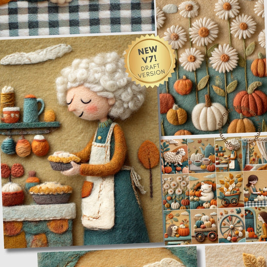 Illustration of a woman with white hair, wearing an apron, surrounded by autumn-themed elements like pumpkins and flowers.
