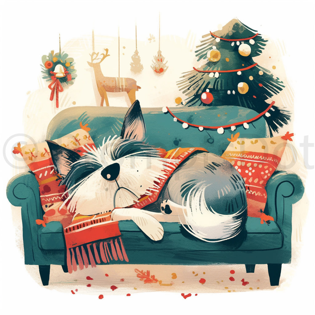a dog on the sofa Cozy Cute Christmas Clipart Midjourney Prompts