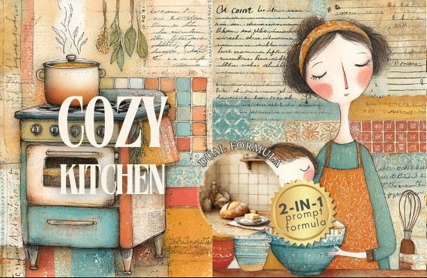 Illustration of a cozy kitchen with a woman baking, featuring text and kitchen items.