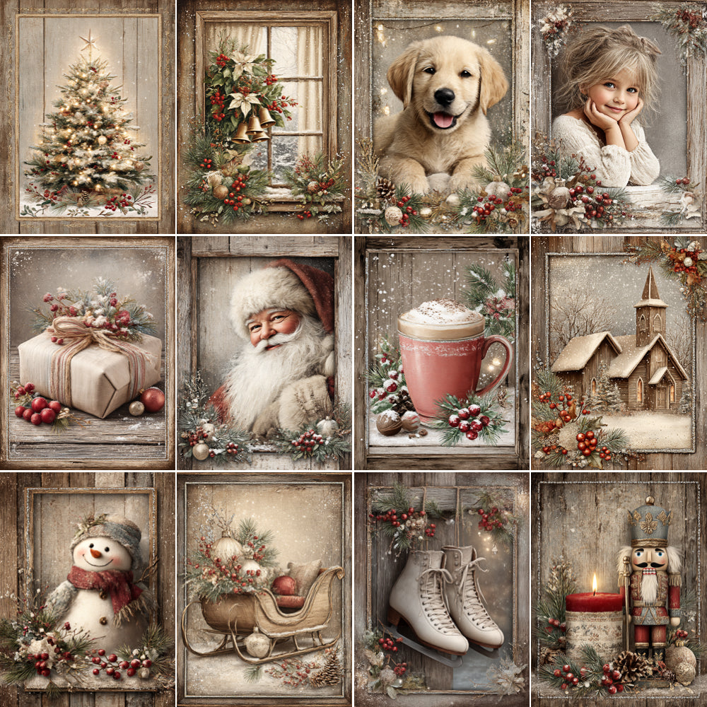 Collage of festive winter-themed images including a Christmas tree, Santa Claus, and snowman.