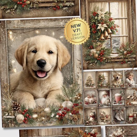 Collage of a Christmas-themed calendar with a puppy and festive decorations.