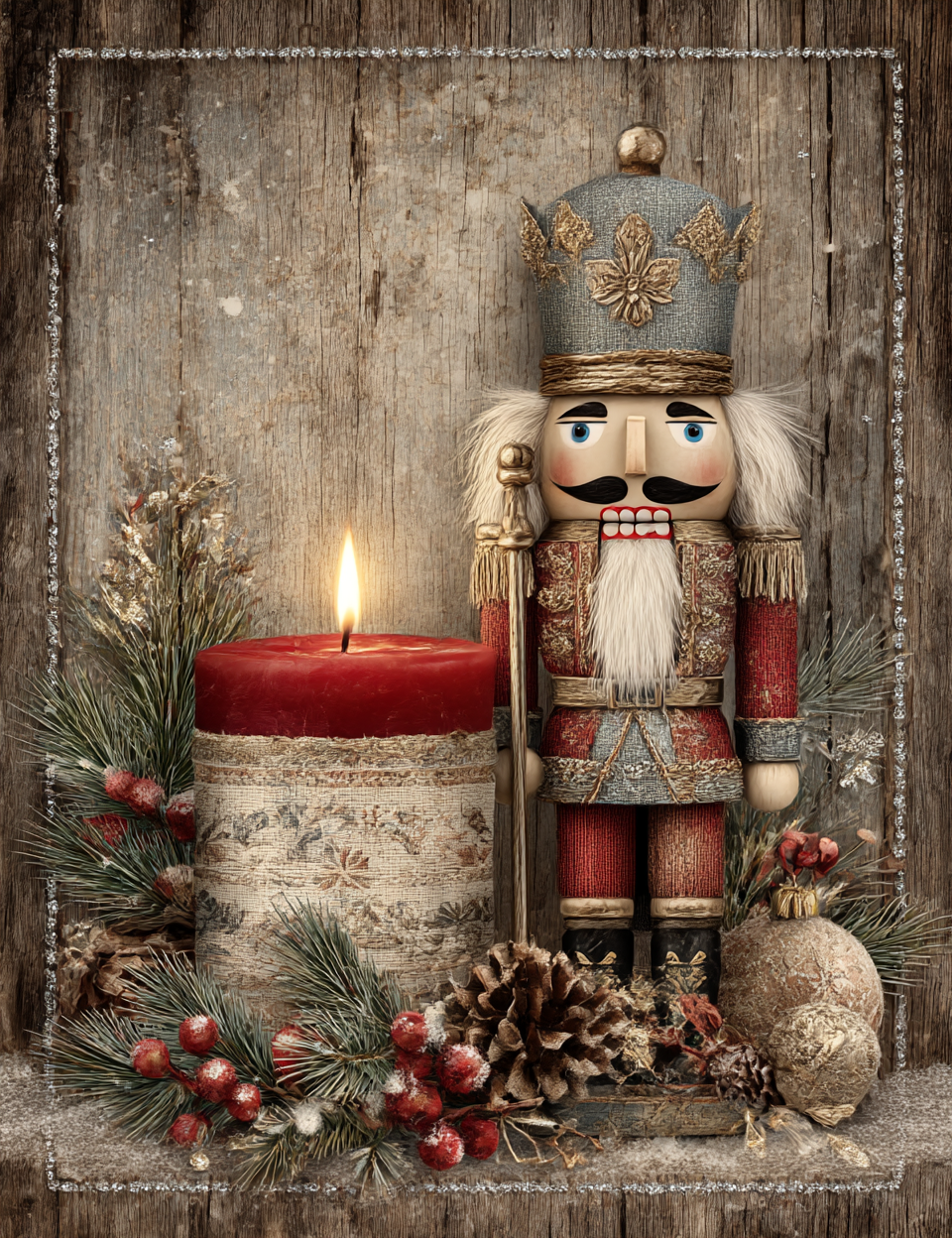 Decorative nutcracker with a candle and pine branches on a wooden background