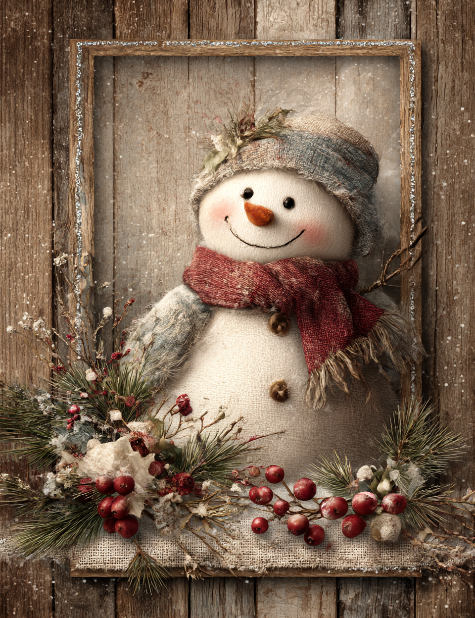 Decorative snowman with a red scarf and hat on a rustic wooden background