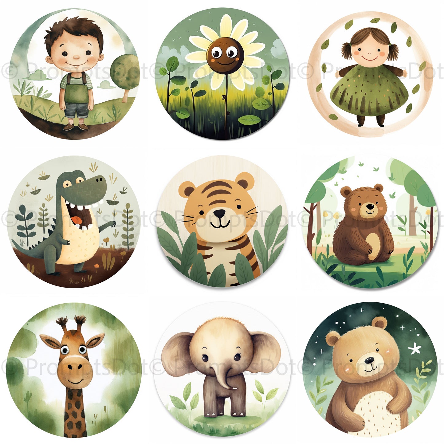 Cute Animals Stickers Safari Icons Art Digital Art and Midjourney Prompt Commercial Use